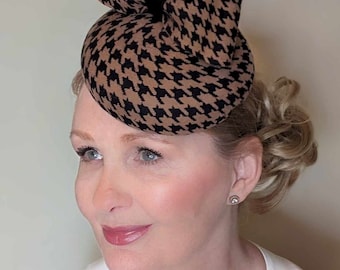 Handmade Wool Felt Houndstooth Button Hat: Winter Wedding Fascinator