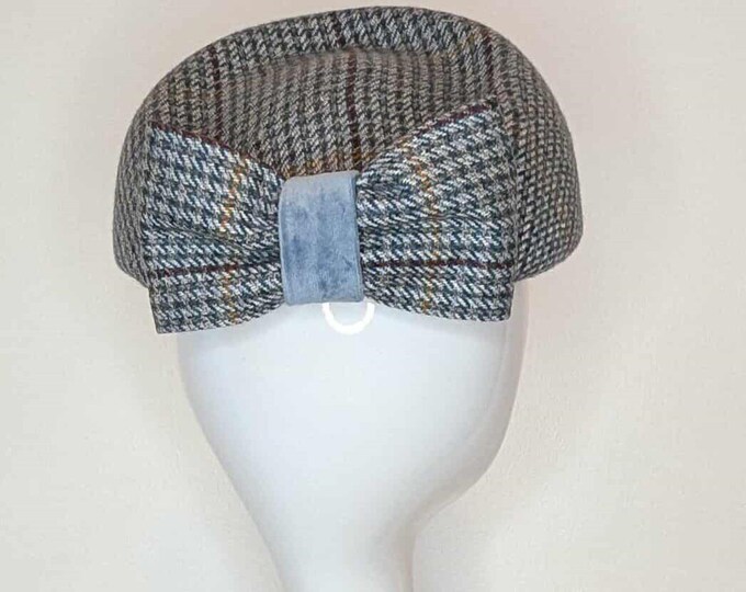 Harris Tweed Jackie Kennedy Pillbox Hat: Handblocked with bow detail.