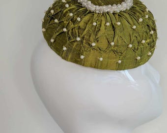 Chartreuse Green Silk Button Hat: Hand-Smocked Pearl Detail