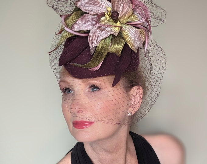Beautiful burgundy wine wool felt percher hat, decorated with vintage velvet lillies. Perfect for winter weddings or racing
