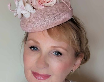Statement pale pink pillbox hat, races, weddings, Mother of the bride ,christenings, cocktail parties