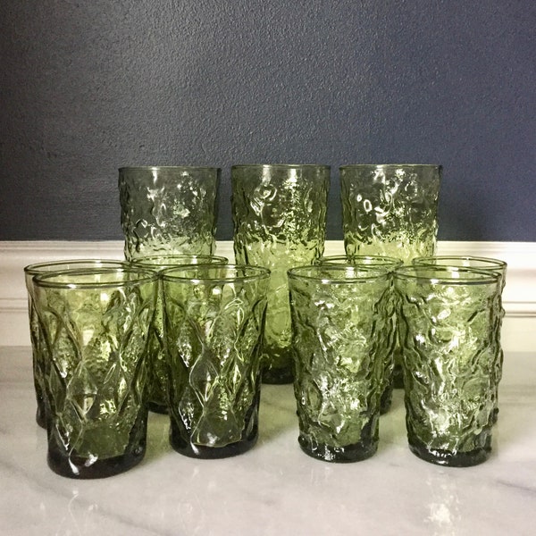 Vintage Anchor Hocking Milano Lido and Gemstone/Kimberly Olive Green Glasses, Set of 11