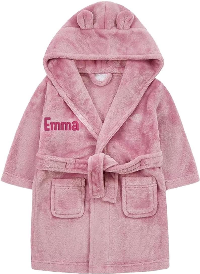 Personalised Baby Robe – Soft Polyester, Custom Name Hooded, Newborn to Toddler, Gift-Ready Keepsake Dusky Pink-Pink Text