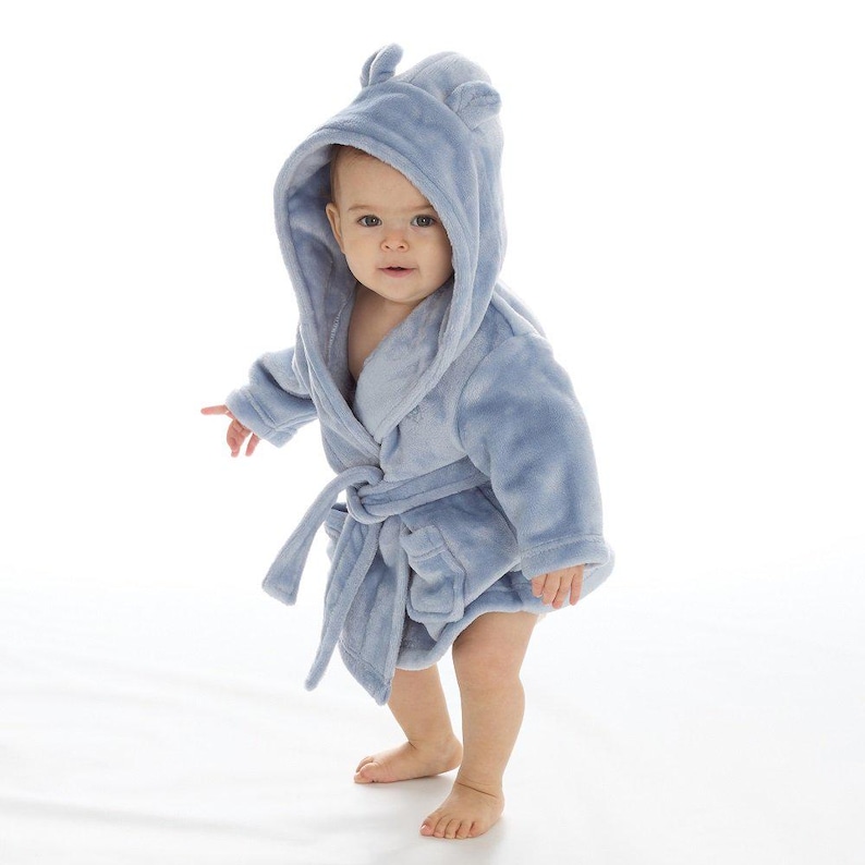 Personalised Baby Robe – Soft Polyester, Custom Name Hooded, Newborn to Toddler, Gift-Ready Keepsake Dusky Blue-Blue Text