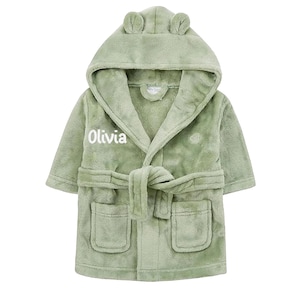 Personalised Baby Robe – Soft Polyester, Custom Name Hooded, Newborn to Toddler, Gift-Ready Keepsake Green-White Letters