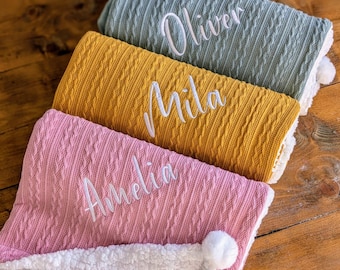 Personalised Baby Blanket Embroidered Cable Knit Pom Pom Wrap