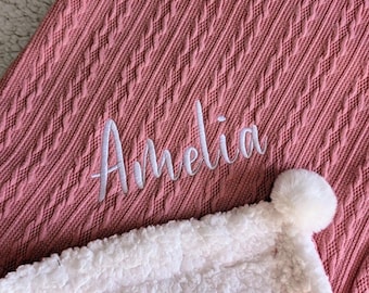 Personalised Baby Blanket Embroidered Blanket Cable Knit Baby wrap Baby Gift Newborn Gift Baby Shower Gift Luxury Pom Pom