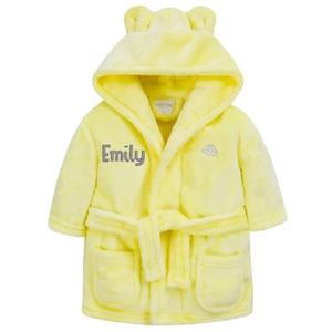 Personalised Baby Robe – Soft Polyester, Custom Name Hooded, Newborn to Toddler, Gift-Ready Keepsake Yellow- Grey Text