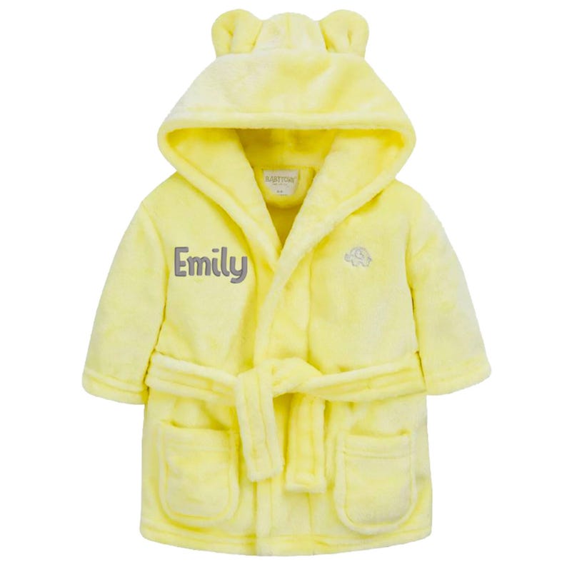 Personalised Baby Robe – Soft Polyester, Custom Name Hooded, Newborn to Toddler, Gift-Ready Keepsake Yellow- Grey Text