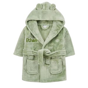 Personalised Baby Robe – Soft Polyester, Custom Name Hooded, Newborn to Toddler, Gift-Ready Keepsake Green- Green Letters