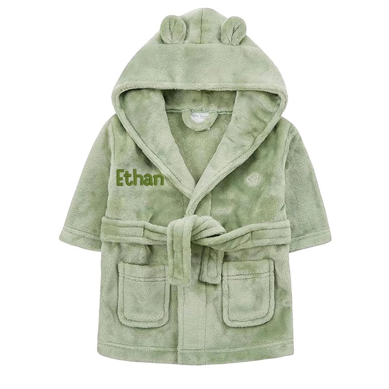 Personalised Baby Robe – Soft Polyester, Custom Name Hooded, Newborn to Toddler, Gift-Ready Keepsake Green- Green Letters