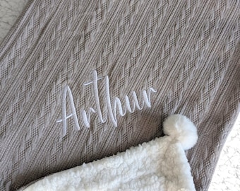 Personalised Baby Blanket Embroidered Blanket Cable Knit Baby wrap Baby Gift Newborn Gift Baby Shower Gift Luxury Pom Pom