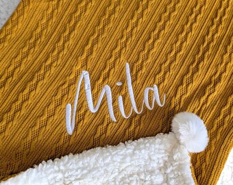 Personalised Baby Blanket Embroidered Blanket Cable Knit Baby wrap Baby Gift Newborn Gift Baby Shower Gift Luxury Pom Pom