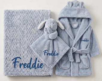 Personalised Baby Gift Set- Dressing Gown, Bunny Comforter, Blanket Dusky Blue 0-24 Months