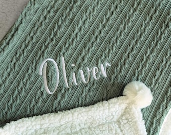 Personalised Baby Blanket: Embroidered Cable Knit Pom Pom Wrap
