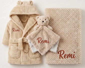Personalised Baby Gift Set, Custom Dressing Gown, Bunny Comforter & Blanket 0-24 Months, Caramel