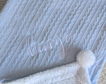 Personalised Baby Blanket Embroidered Blanket Cable Knit Baby wrap Baby Gift Newborn Gift Baby Shower Gift Luxury Pom Pom