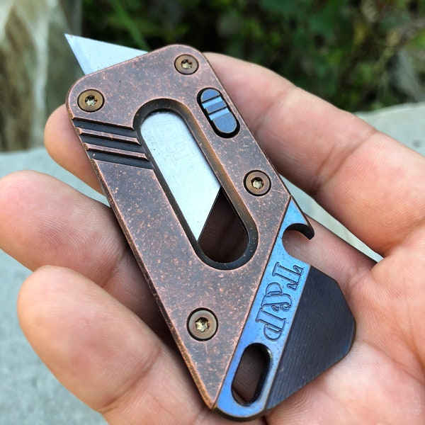 The AVIS-PRY Titanium Tool Companion and Utility Knife, EDC Utility Blade With Antique Look Patina Copper Face