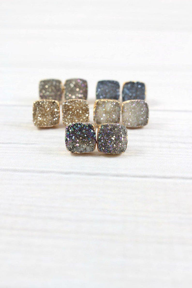 Raw Druzy Earrings, Gold Stone Earrings, Druzy Studs, Sparkly Bridesmaid Earrings, Crystal Jewelry, Mothers Day Gifts for Her Mom, Square, 