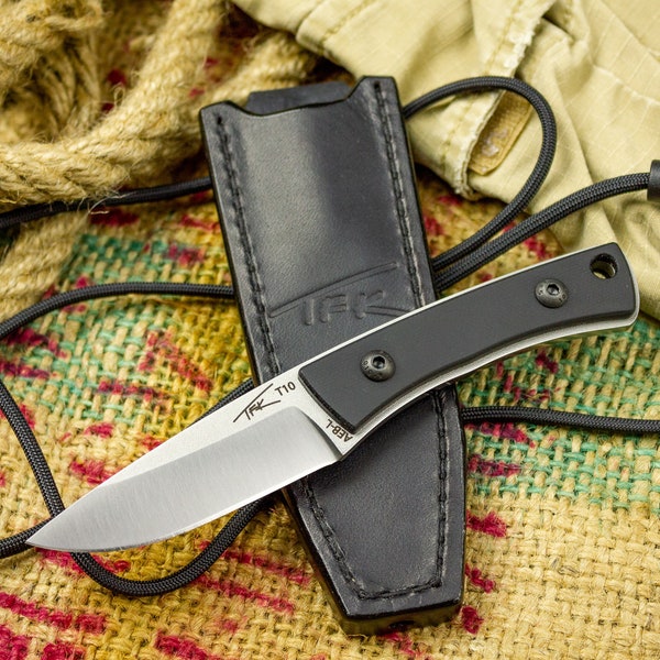 Small edc-necker knife TFK-T10 (AEB-L) fixed blade stainless steel w/ leather sheath, black handle