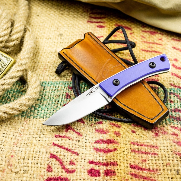 Small edc-necker knife TFK-T10 (AEB-L) fixed blade stainless steel w/ leather sheath, indigo blue handle