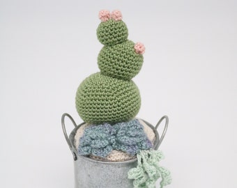 Crochet Cactus and Succulent Arrangement - Faux Cactus and Succulent Decor - Galvanized Bucket Decor