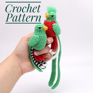 Peut inclure: Deux oiseaux Quetzal en crochet, l'un vert et l'autre rouge, avec de longues queues colorées. Modèle de crochet.