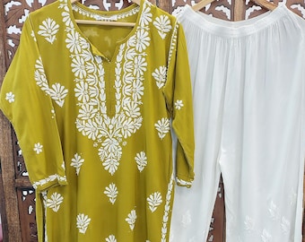 Handmade Rayon Kurta Palazzo Set: Lucknowi Chikankari Ethnic Wear