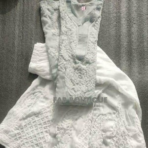 FREE INNER Handmade Lucknow Chikankari Georgette Chikan long Kurti Full  Embroidery handwork Kurta Salwar Kameez sharara set handcrafted SET