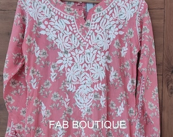 Melocotón Mulmul Algodón Kurti, Lucknowi Chikankari Bordado