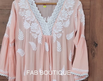 Handmade Modal Chikankari Kurti, Ethnic A-Line Lucknowi Kurta