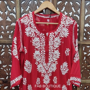 Red Handmade Modal Chikankari Straight Kurti Ethnic Party Wear Lucknowi Chikan Hand Embroided Kurta/ Women Clothing / Women Wear Dress