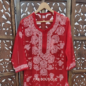 Free Inner Red Handmade Georgette Chikankari Straight Kurti Ethnic Wear Hand Embroided Lucknowi Chikan Kurta Women Wear Dress