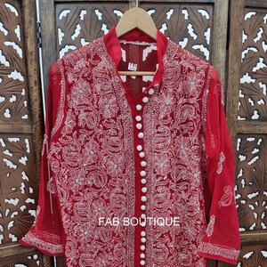 FREE INNER Red Handmade Lucknowi Chikankari Georgette Kurta Ethnic Casual Wear Chikan Kurta Kurti Hand Embroided Chikan Dress Free ship