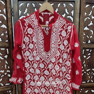 FREE INNER Red Handmade Chikankari Georgette Kurti Ethnic Casual Wear Chikan Kurta Kurti Hand Embroided Women Wear Dress Free ship