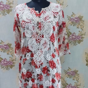 Women Handmade Mulmul Cotton Printed Straight Chikankari Kurti Ethnic Wear Lucknowi Chikankari Kurta/ Mulmul Straight Kurti/ Straight Kurta