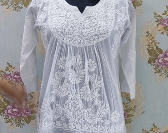 White Cotton Chikankari Tunic Top, Lucknowi Kurti