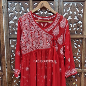 Red Handmade Georgette Chikankari Short Angarkha Kurta Ethnic Wear Lucknowi Chikan Short Top / Chikankari Short kurti/ Casual wear Kurti