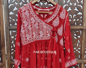 Red Georgette Chikankari Angarkha Kurti, Lucknowi Chikan Top