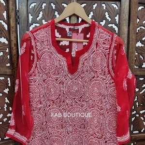 Free Inner Red Handmade Georgette Chikankari Short Kurta Ethnic Wear Lucknowi Chikan Short Top / Chikankari Short kurti/ Casual wear Kurti