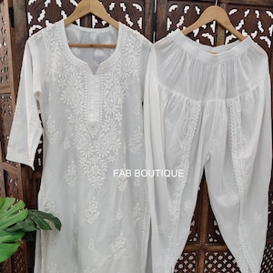Conjunto de pantalón Chikankari Chanderi Kurti blanco, vestido étnico bordado a mano