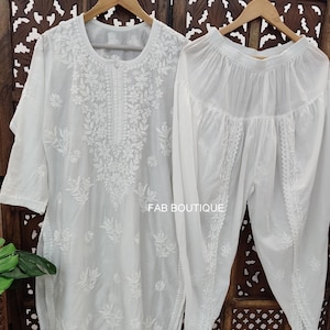 Conjunto de pantalones Chanderi Kurti blanco, vestido bordado Chikankari hecho a mano