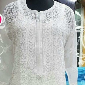 Lucknow Chikankari FREE INNER Georgette Tunic Chikan long Kurti White Full  Embroidery handwork Kurta Salwar Kameez sharara set handcrafted