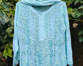 FREE INNER Women Lucknowi Chikankari Viscose Georgette Kurta Ethnic Summer Wear Chikan Kurti Hand Embroided Chikan Kurta