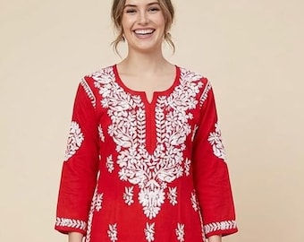 Mujer Rayon Chikankari Kurti, Lucknowi Kurta bordada a mano