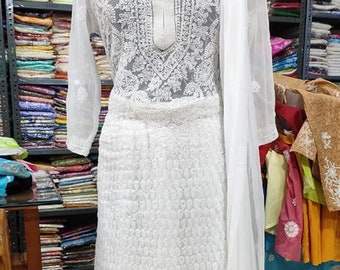FREE INNER Women Handmade Lucknawi Chikankari Georgette Kurta Sharara Set with Dupatta Ethnic Summer Wear Chikan Kurti Kurta Set
