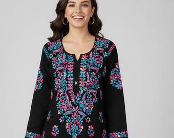 Black Multi Rayon Chikankari Kurti, Lucknowi Hand Embroidered Kurta