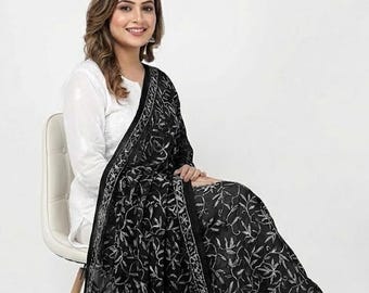 Chikankari Tepchi Work Dupatta in Black | Handmade Lucknow Embroidery | Elegant Indian Dupatta