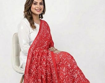 Dupatta lavorata a mano in tepchi Chikankari in rosso / Ricamo Lucknow fatto a mano / Elegante dupatta indiana