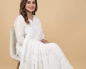 Chikankari Tepchi Work Dupatta in White | Handmade Lucknow Embroidery | Elegant Indian Dupatta